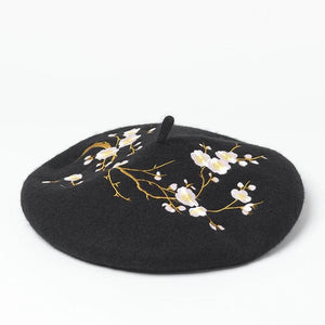Brooches and Pins Embroidered Pink Cherry Flowers Wool Beret