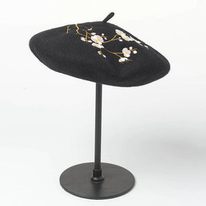 Brooches and Pins Embroidered Pink Cherry Flowers Wool Beret