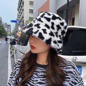 Caps and Hats Cow (Black-White) Leopard Print Winter Plush Bucket Hats