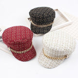 Caps and Hats Fancy Plaid Winter Hat Beret With Chain Accent