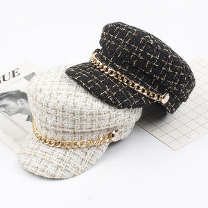 Caps and Hats Fancy Plaid Winter Hat Beret With Chain Accent