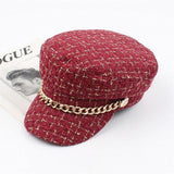 Caps and Hats Red Fancy Plaid Winter Hat Beret With Chain Accent