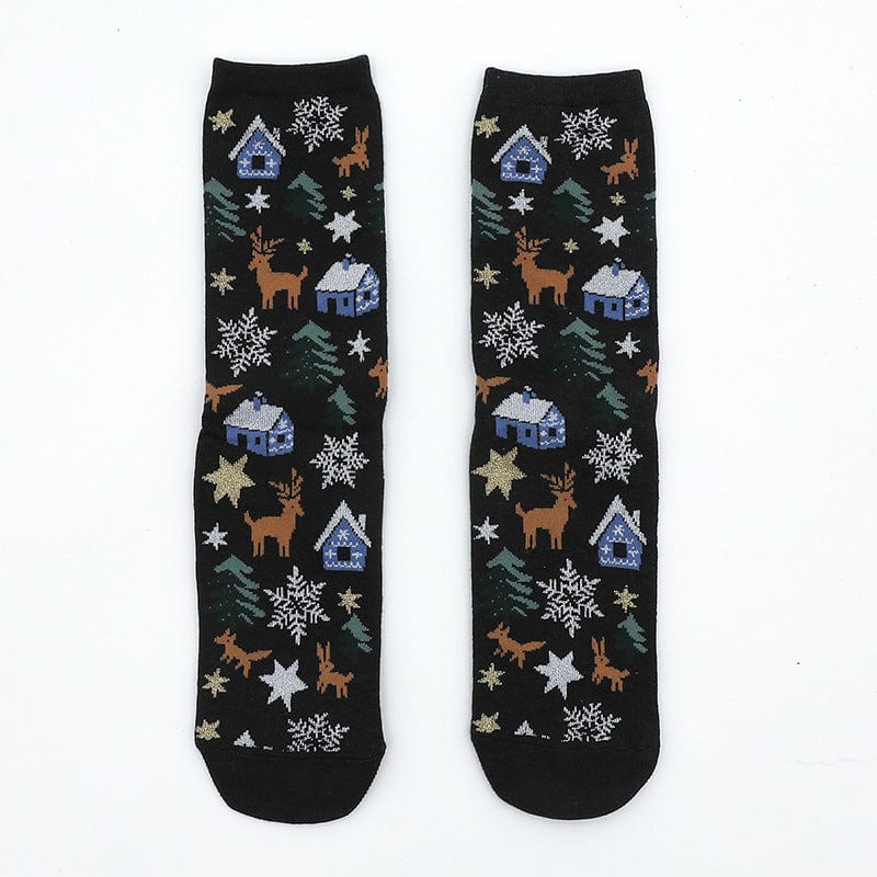 Dark Green Deer + House / 38-45 Christmas stocking trend gold silk pair socks for men and women