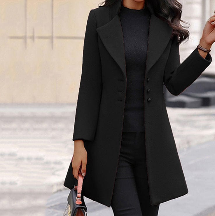 long coat Black / 2XL Autumn winter in the long Korean version of lapel thin pure color slim women's wool overcoat overcoat