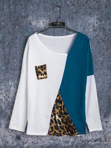 T-shirts Long Sleeve Cotton Leopard Print Asymmetric T-Shirts