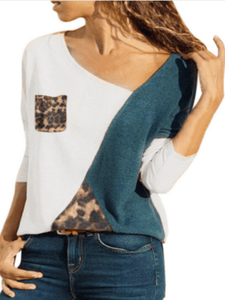 T-shirts White / S Long Sleeve Cotton Leopard Print Asymmetric T-Shirts